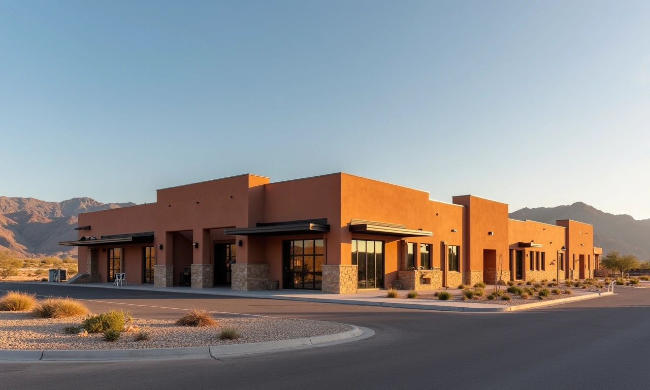 Completed commercial building in El Paso with Franklin Mountains at golden hour
