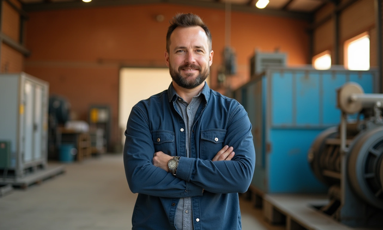 Business owner beside financed commercial equipment in El Paso warehouse