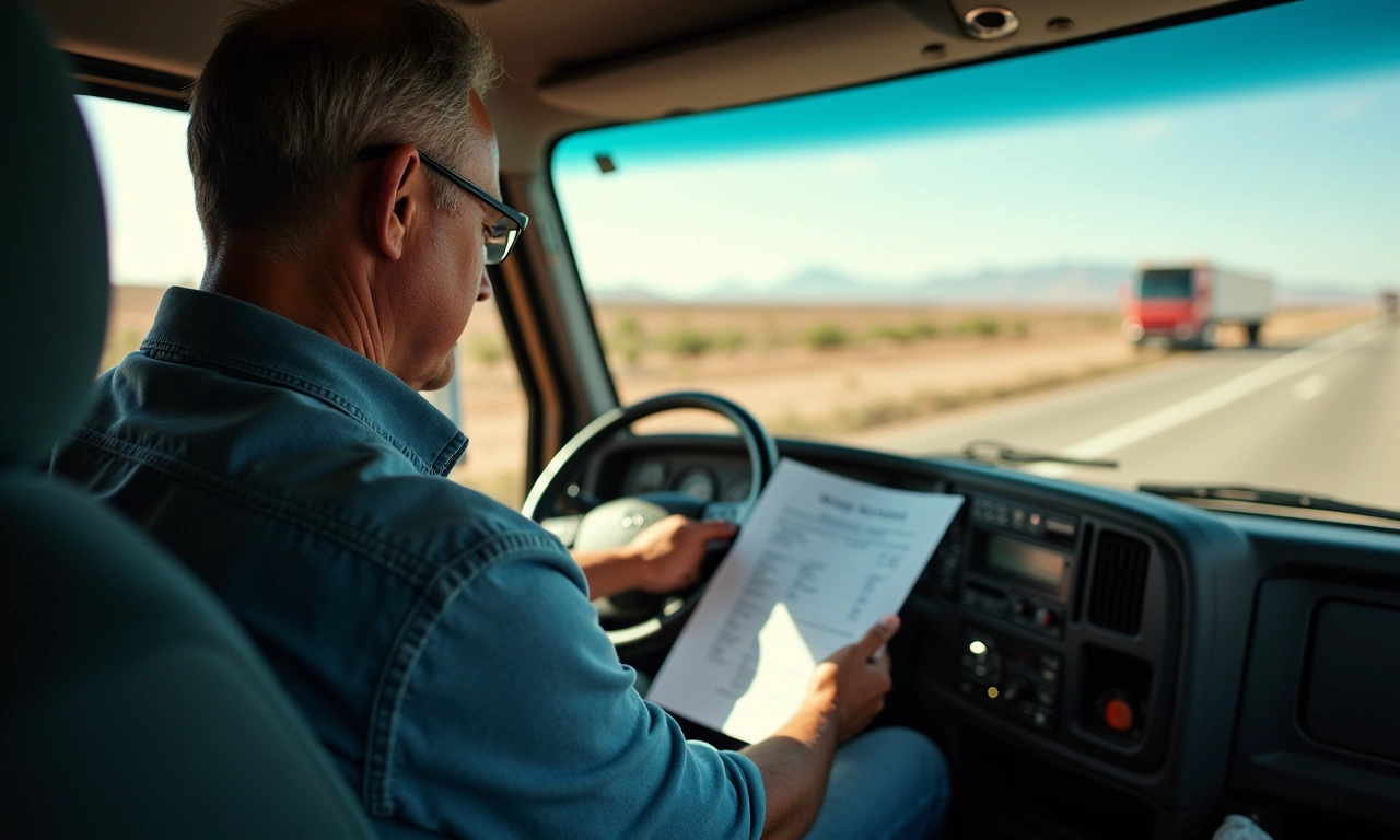 Trucking company owner reviewing invoice factoring with border crossing visible