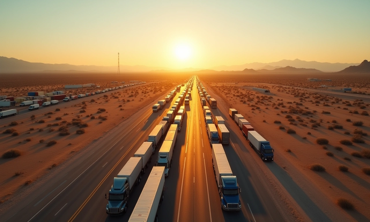 Aerial view of Santa Teresa NM port of entry freight lanes at golden hour
