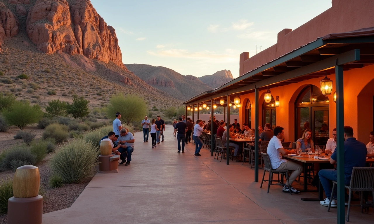 Busy El Paso restaurant patio with Franklin Mountains backdrop at golden hour
