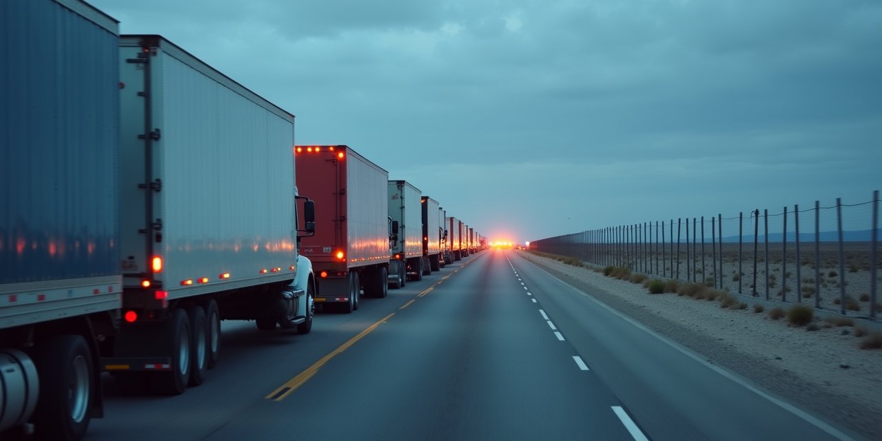 Line of freight trucks queued at a border crossing near El Paso