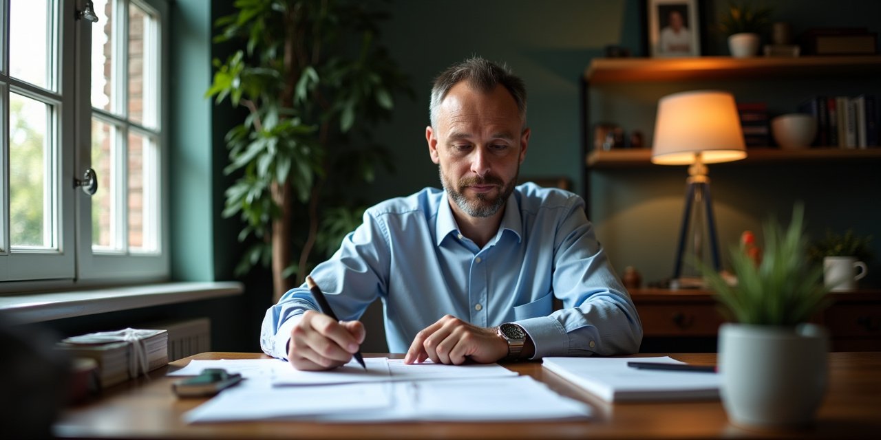 Small business owner reviewing SBA loan paperwork at a desk