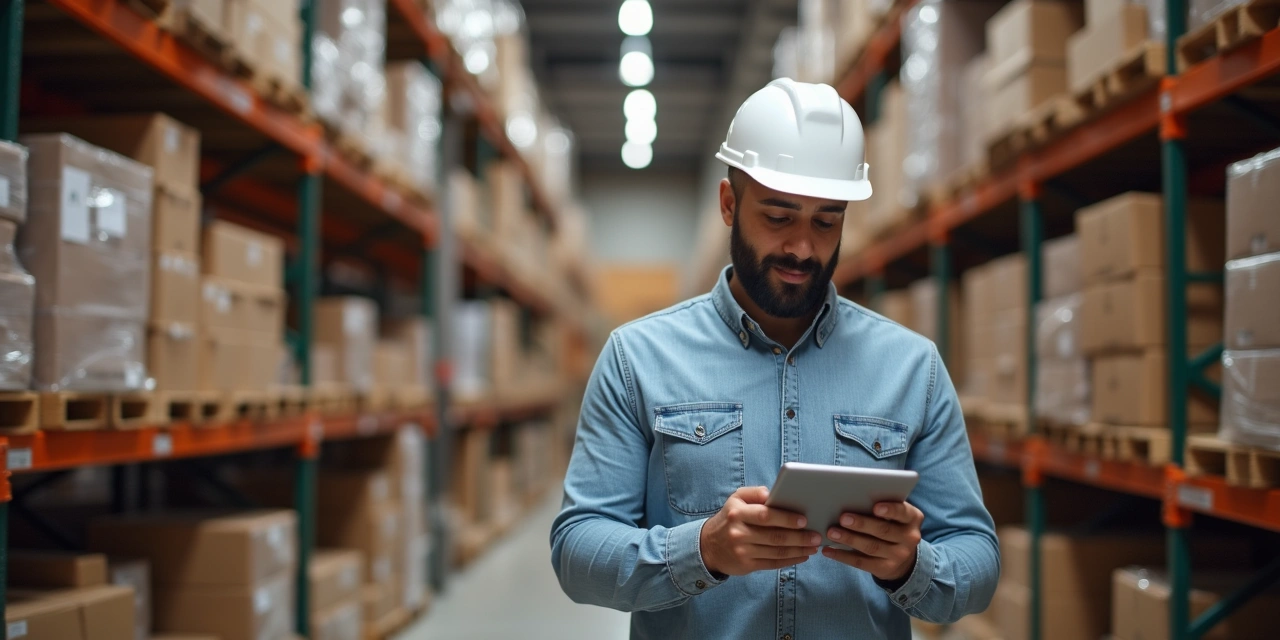 El Paso business owner reviewing same day business loan approval on tablet in warehouse with inventory