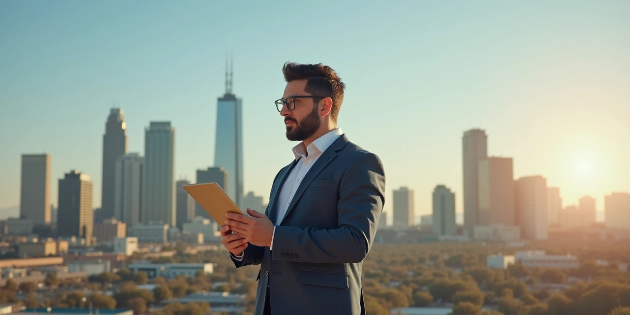 Horizon City small business owner reviewing funding options with El Paso skyline in background