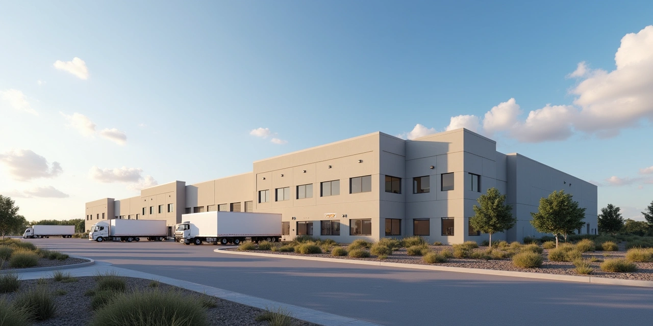 El Paso County warehouse facility with loading docks and distribution trucks representing supply chain financing opportunities in the Borderplex region